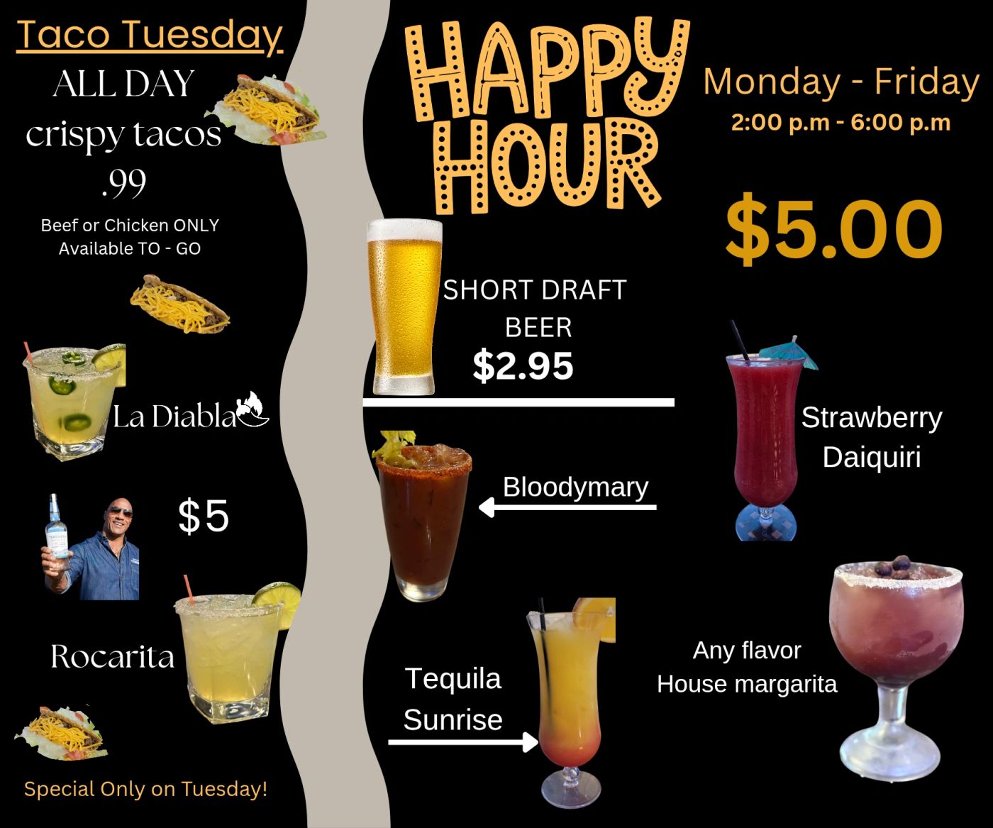 Taco Tuesday and happy hour, original restaurant specials poster